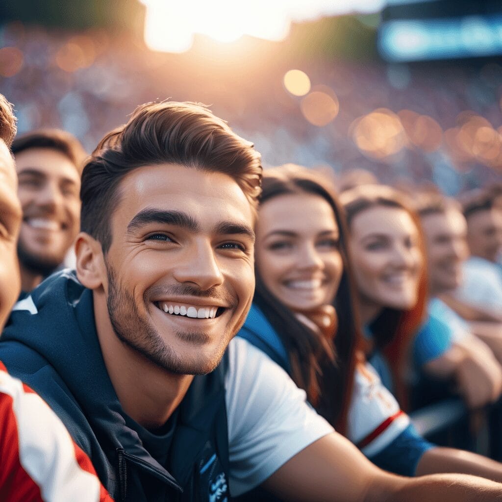 A group of young adults smiling and enjoying their favorite sports teams at a sports fandom event in a crowded stadium.