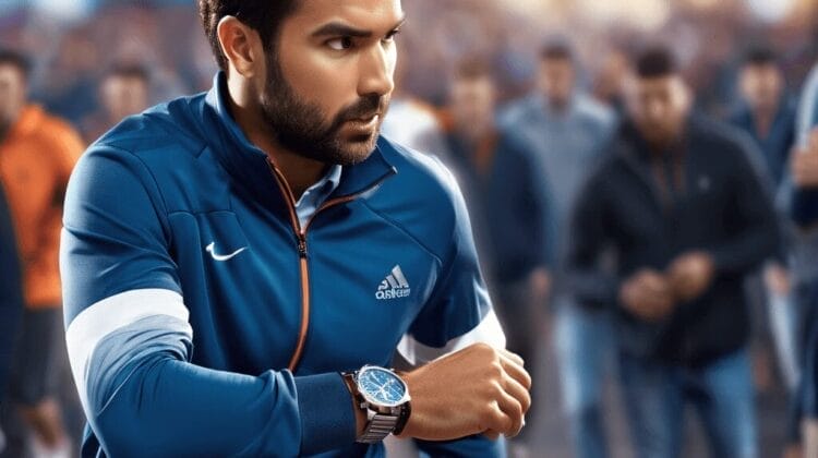 A man in athletic wear looks to his left while jogging in a crowded area. He is wearing a blue and white tracksuit and a wristwatch. The background is blurred with other individuals.