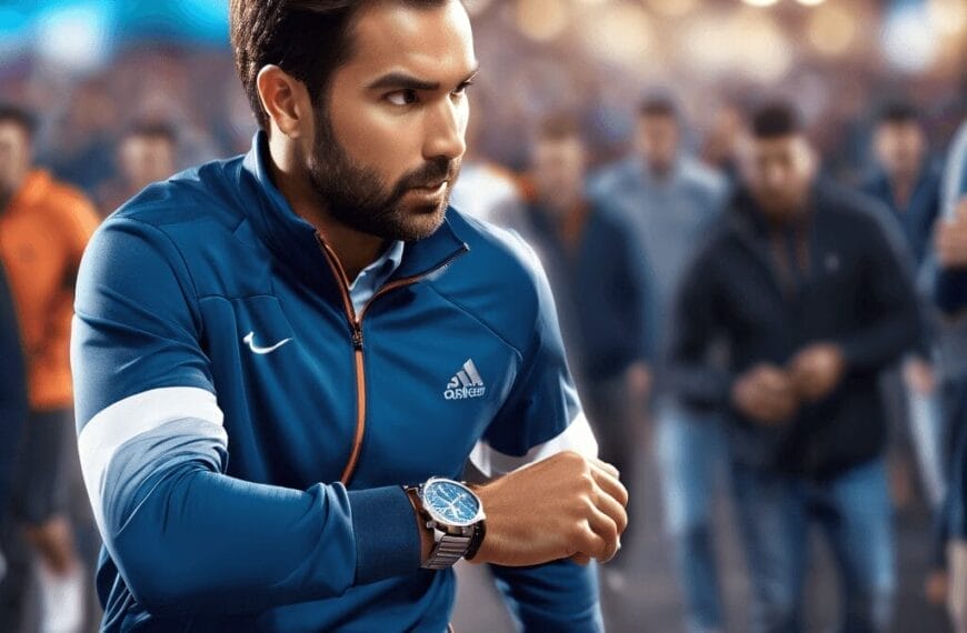 A sports hater in athletic wear looks to his left while jogging in a crowded area. He is wearing a blue and white tracksuit and a wristwatch. The background is blurred with other individuals.