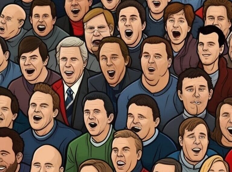 Illustration of a lively crowd of people, all with open mouths, appearing to be cheering or shouting as if celebrating an NHL future victory. The group includes a mix of men and women in various attire.