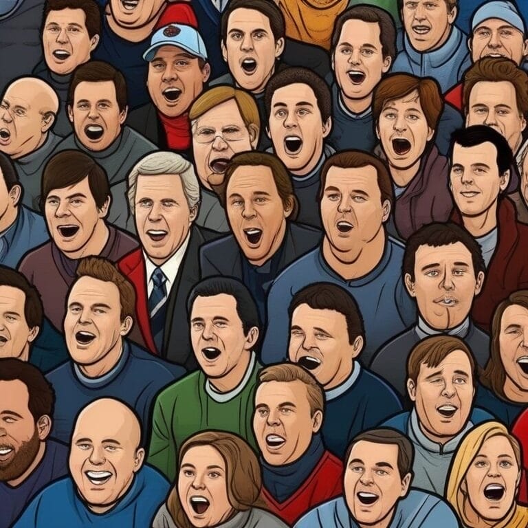 Illustration of a lively crowd of people, all with open mouths, appearing to be cheering or shouting as if celebrating an NHL future victory. The group includes a mix of men and women in various attire.