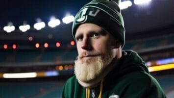 A person in a green and white hat and hoodie stands in a stadium at night, pondering CFL rules as the game unfolds.
