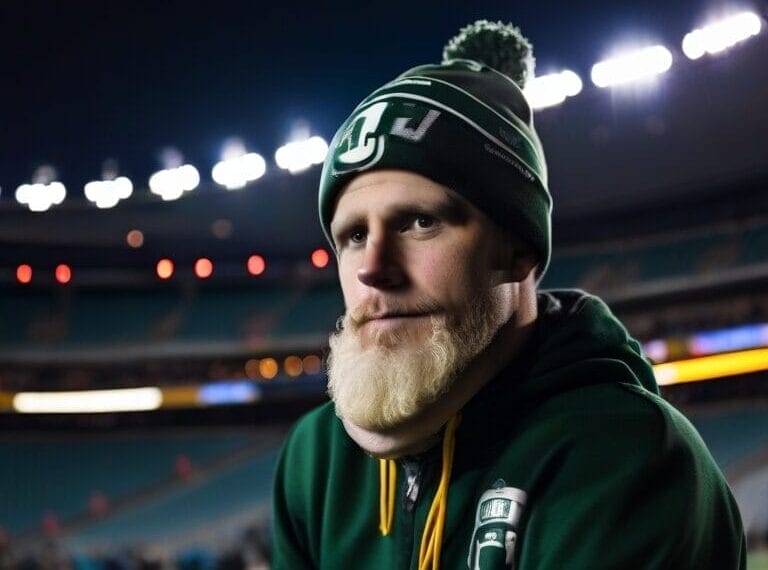 A person in a green and white hat and hoodie stands in a stadium at night, pondering CFL rules as the game unfolds.