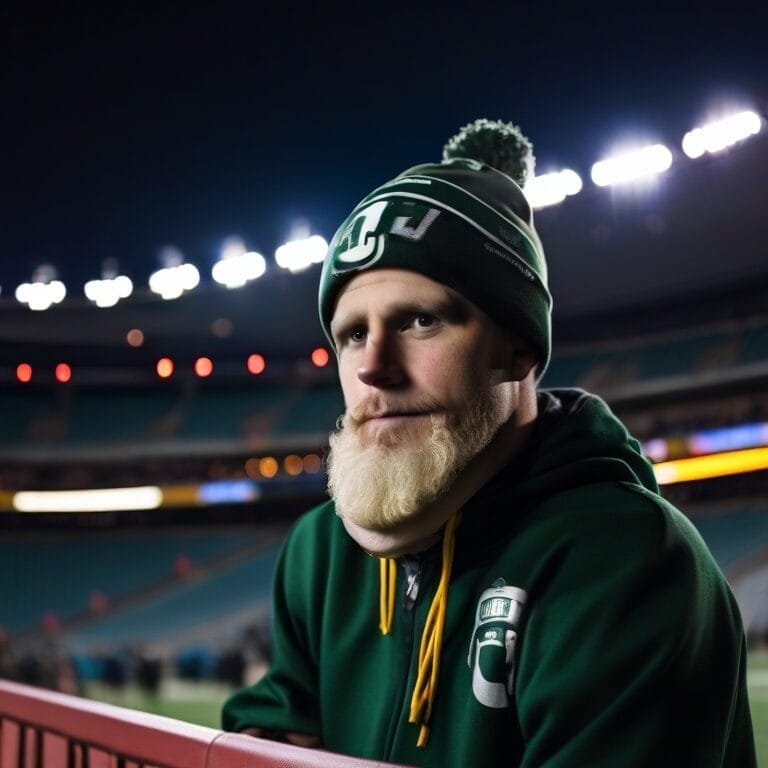 A person in a green and white hat and hoodie stands in a stadium at night, pondering CFL rules as the game unfolds.