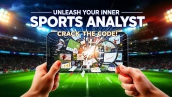 A person holds a smartphone in a stadium at night, viewing sports stats and graphs. A magnifying glass enlarges a chart as “Unleash Your Inner Sports Analyst” and “Crack the Code!” appear above, with glowing stadium lights in the background.