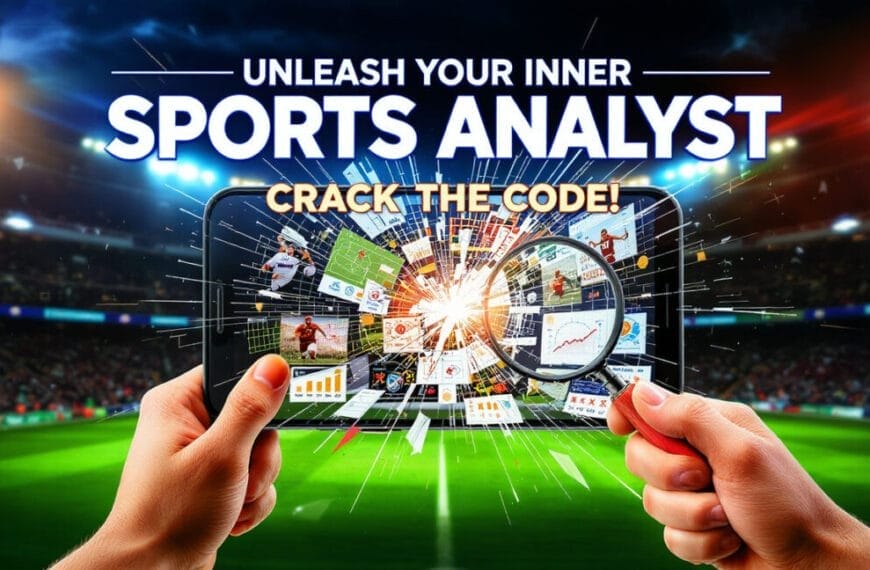 A person holds a smartphone in a stadium at night, viewing sports stats and graphs. A magnifying glass enlarges a chart as “Unleash Your Inner Sports Analyst” and “Crack the Code!” appear above, with glowing stadium lights in the background.