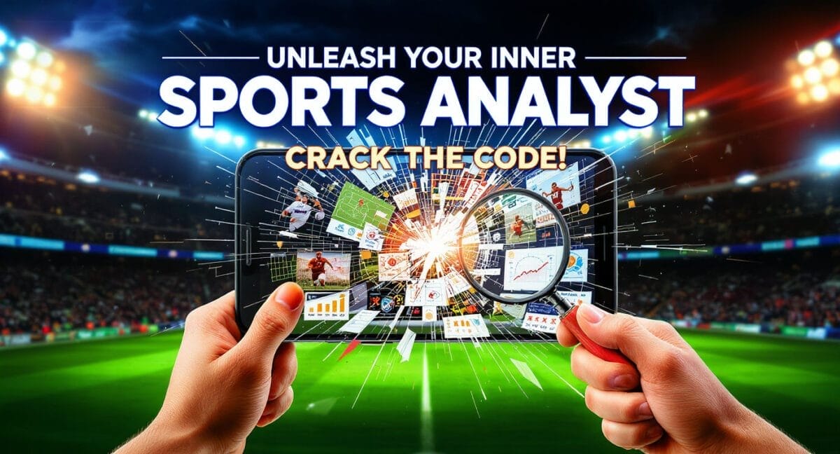 A person holds a smartphone in a stadium at night, viewing sports stats and graphs. A magnifying glass enlarges a chart as “Unleash Your Inner Sports Analyst” and “Crack the Code!” appear above, with glowing stadium lights in the background.