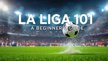 A soccer ball lands on a stadium field, kicking up grass as it hits. Fans fill brightly lit stands in the background. Large white text reads, “LA LIGA: A BEGINNER'S GUIDE,” centered over the scene.
