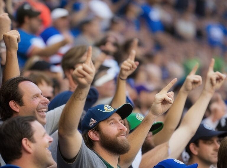 Crowd of sports fans in a stadium, wearing team jerseys and hats, cheer enthusiastically with their arms raised, creating an electrifying Battle of the Fans atmosphere.