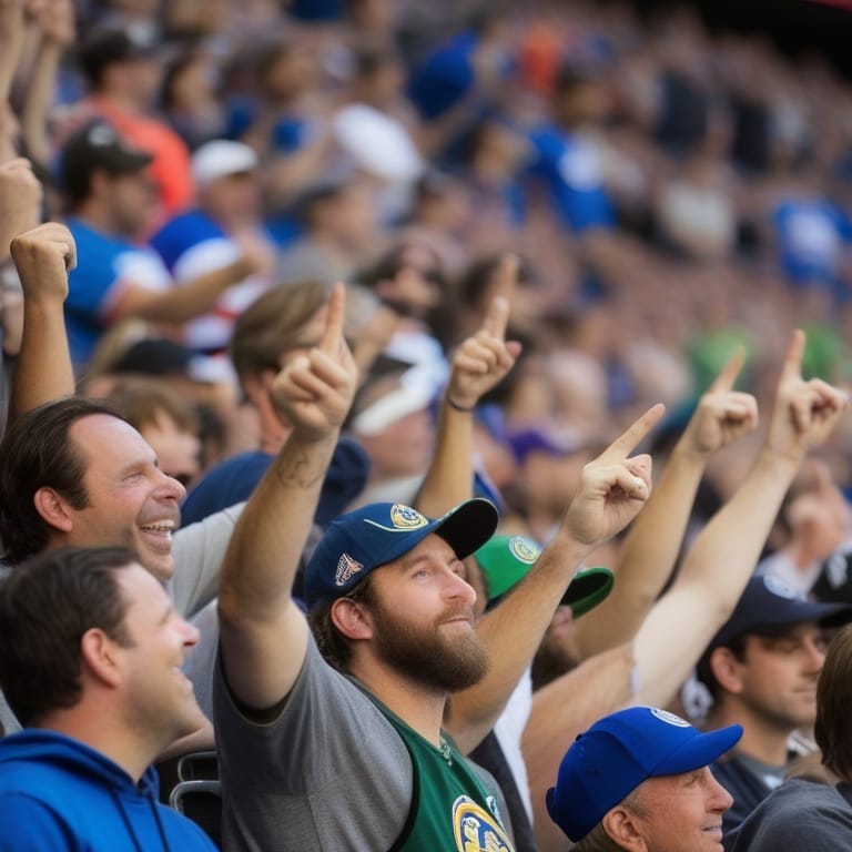 Crowd of sports fans in a stadium, wearing team jerseys and hats, cheer enthusiastically with their arms raised, creating an electrifying Battle of the Fans atmosphere.