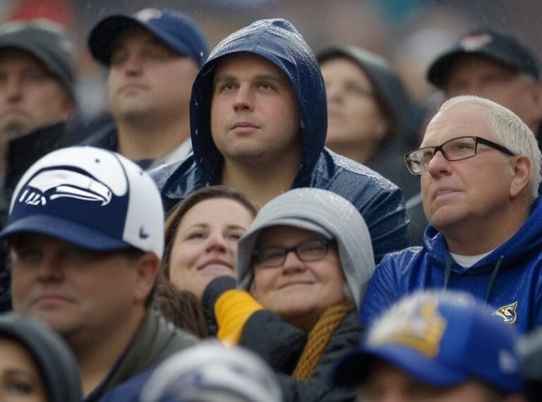 A group of people dressed in rain gear and hats watch an outdoor event in the rain, some looking up attentively, reminiscent of devoted fans from various NFL eras.