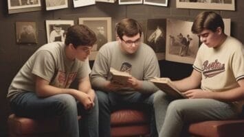 Three people sit immersed in their books, surrounded by vintage baseball photos on a wall, each image capturing the iconic eras of MLB with timeless grace.