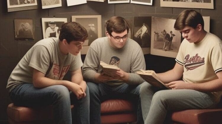 Three people sit immersed in their books, surrounded by vintage baseball photos on a wall, each image capturing the iconic eras of MLB with timeless grace.