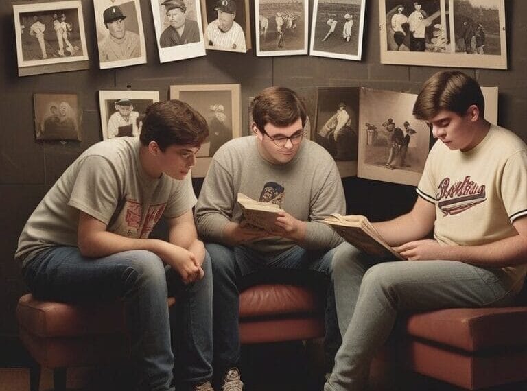 Three people sit immersed in their books, surrounded by vintage baseball photos on a wall, each image capturing the iconic eras of MLB with timeless grace.