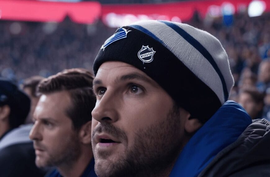 A man wearing a beanie with a hockey team logo watches the game intently from the stands, his focus unwavering. In the background, another man is equally engrossed in the action, making it clear that for these fans, MLS vs NHL is not even a question.