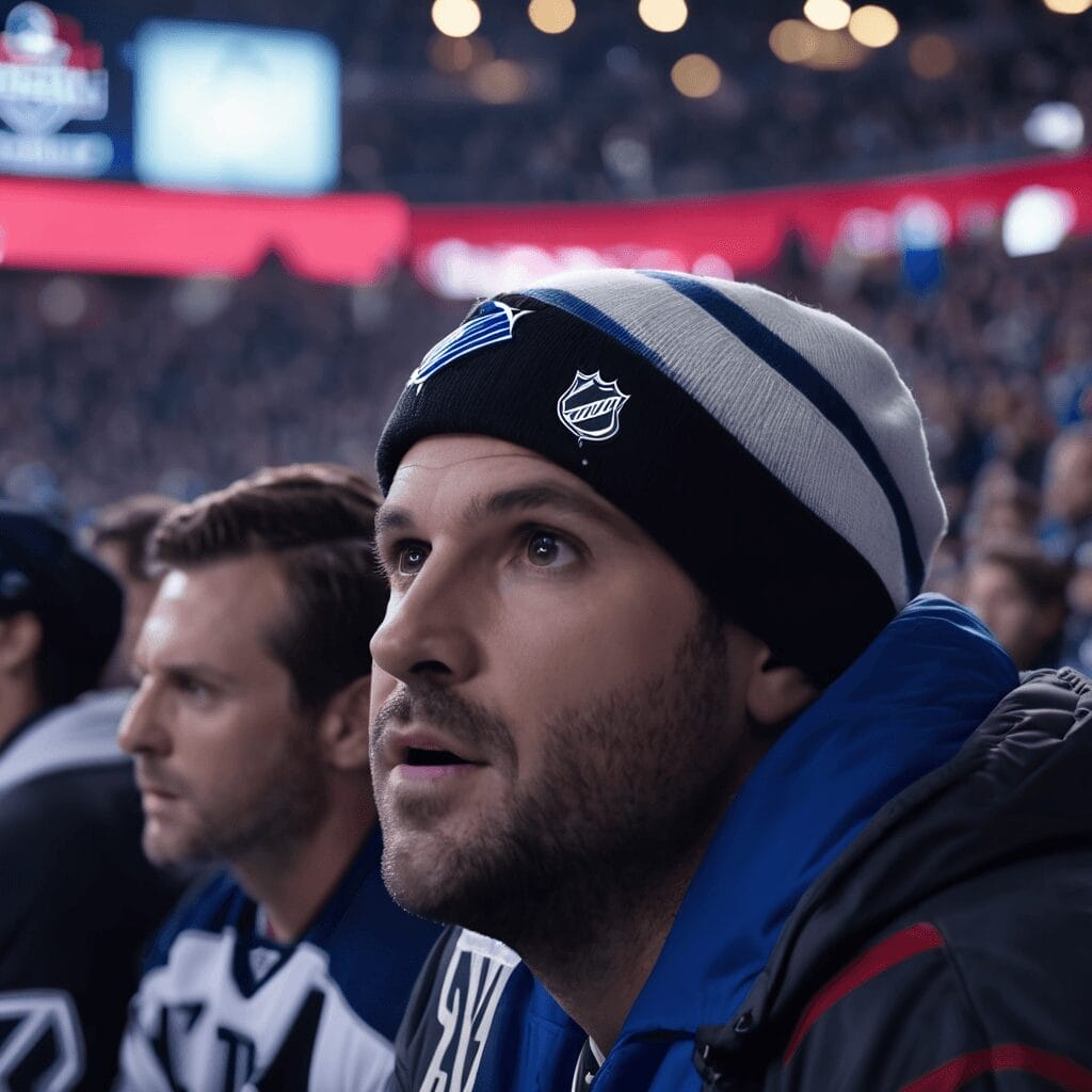 A man wearing a beanie with a hockey team logo watches the game intently from the stands, his focus unwavering. In the background, another man is equally engrossed in the action, making it clear that for these fans, MLS vs NHL is not even a question.