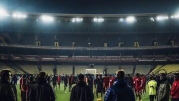 Under the vivid floodlights of a large stadium at night, a group of people stands on the soccer field, dressed in sports clothing and jackets, engaged in lively football debates.
