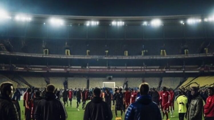 A large group of people, some in sports jerseys and others in casual attire, gather on a football field at night under bright stadium lights. The stands in the background are empty.