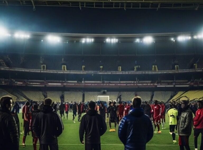 Under the vivid floodlights of a large stadium at night, a group of people stands on the soccer field, dressed in sports clothing and jackets, engaged in lively football debates.