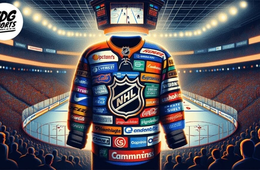 A hockey stadium with bright lights showcases an empty NHL jersey adorned with various advertisements on NHL sweaters, while a game plays on the jumbotron above, highlighting the league's financial growth.