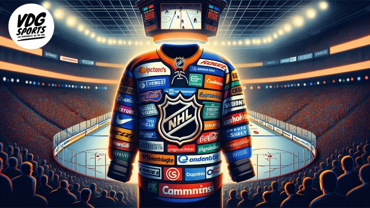 A hockey stadium with bright lights showcases an empty NHL jersey adorned with various advertisements on NHL sweaters, while a game plays on the jumbotron above, highlighting the league's financial growth.