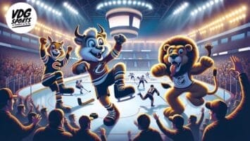 Three animated NHL mascots, a cat, goat, and lion, cheerfully celebrate at an ice hockey arena, with players on the ice and fans in the stands. VDG Sports logo is visible in the top left corner.