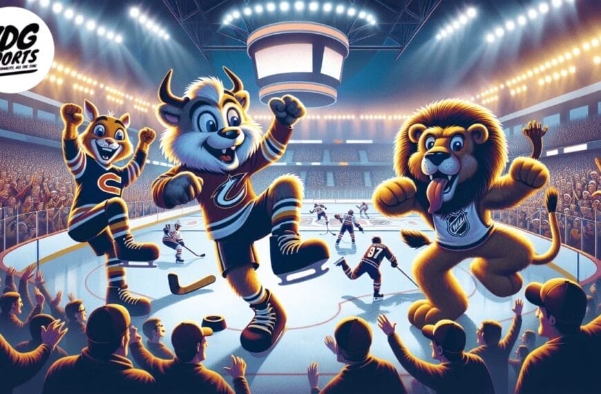 Three animated NHL mascots, a cat, goat, and lion, cheerfully celebrate at an ice hockey arena, with players on the ice and fans in the stands. VDG Sports logo is visible in the top left corner.