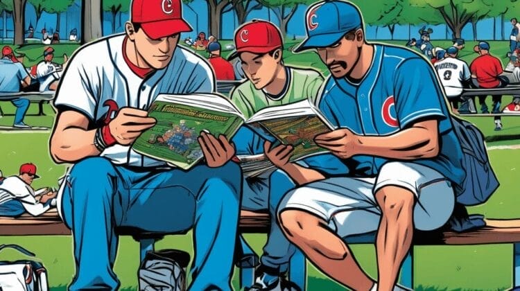 Three individuals wearing baseball caps and uniforms sit on a bench in a park, reading books that appear to be the MLB handbook. Other people are scattered around the park, with trees in the background.