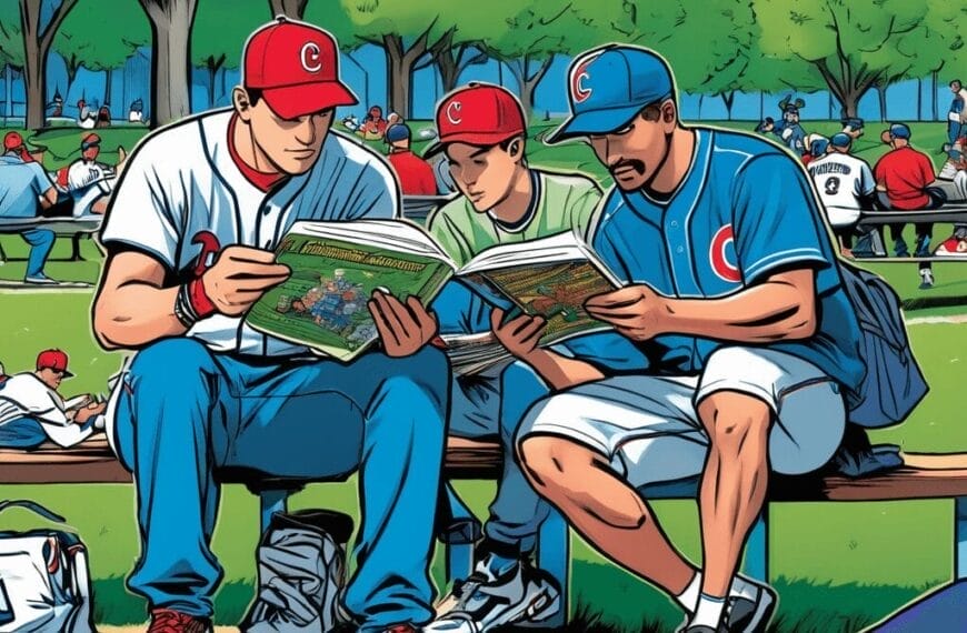 Three individuals wearing baseball caps and uniforms sit on a bench in a park, reading books that appear to be the MLB handbook. Other people are scattered around the park, with trees in the background.