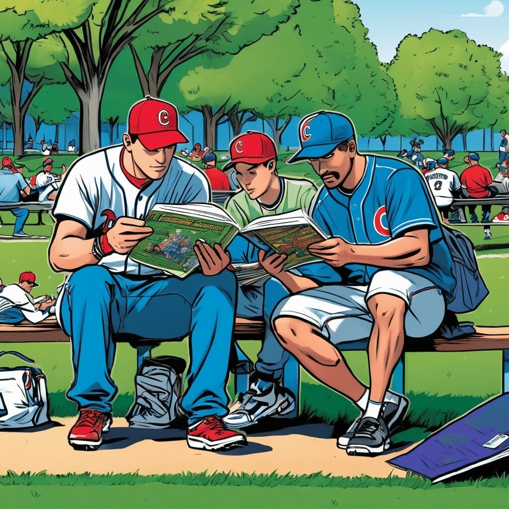 Three individuals wearing baseball caps and uniforms sit on a bench in a park, reading books that appear to be the MLB handbook. Other people are scattered around the park, with trees in the background.