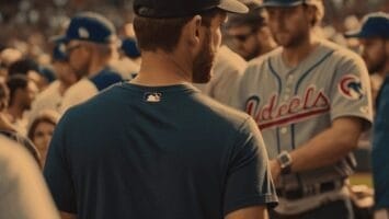 A man in a dark shirt and cap stands with his back to the camera, facing a group of MLB baseball players in uniforms, capturing a moment from America's favorite pastime.