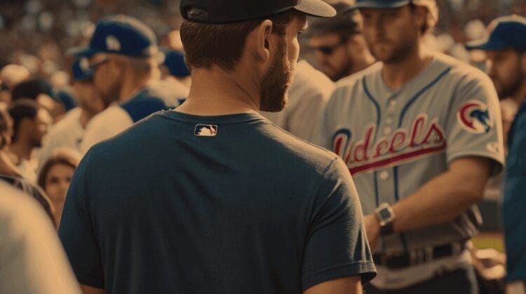 A man in a dark shirt and cap stands with his back to the camera, facing a group of MLB baseball players in uniforms, capturing a moment from America's favorite pastime.