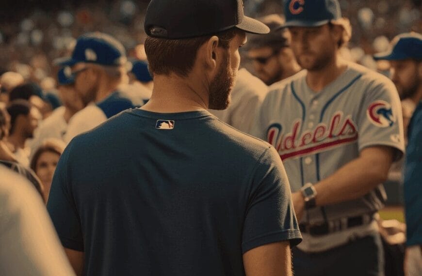 A man in a dark shirt and cap stands with his back to the camera, facing a group of MLB baseball players in uniforms, capturing a moment from America's favorite pastime.