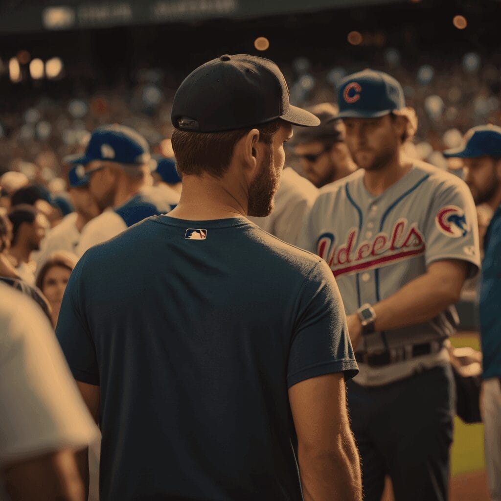 A man in a dark shirt and cap stands with his back to the camera, facing a group of MLB baseball players in uniforms, capturing a moment from America's favorite pastime.