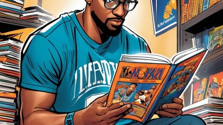 A man wearing glasses and a headband reads an NBA handbook in a room filled with sports memorabilia and books. He is dressed in a sports jersey and shorts.