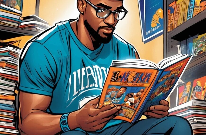 A man wearing glasses and a headband reads an NBA handbook in a room filled with sports memorabilia and books. He is dressed in a sports jersey and shorts.