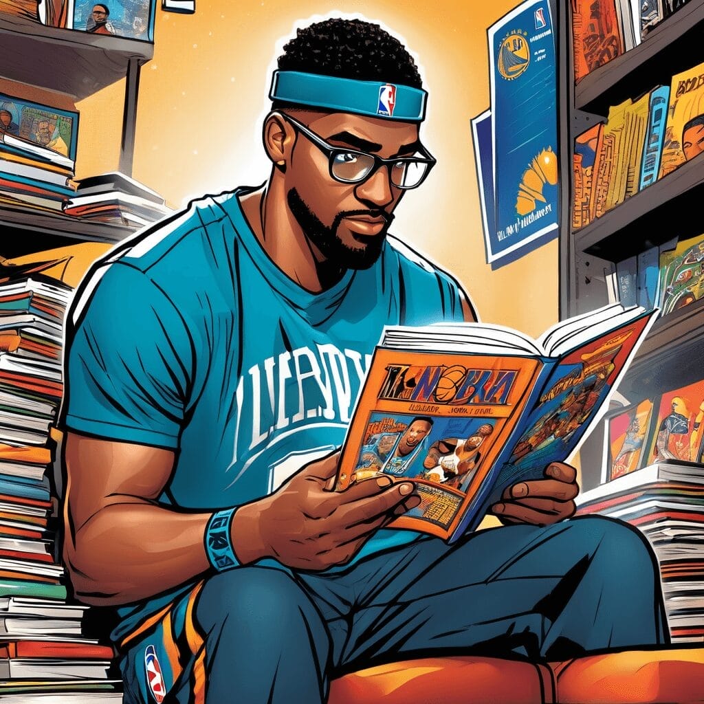 A man wearing glasses and a headband reads an NBA handbook in a room filled with sports memorabilia and books. He is dressed in a sports jersey and shorts.