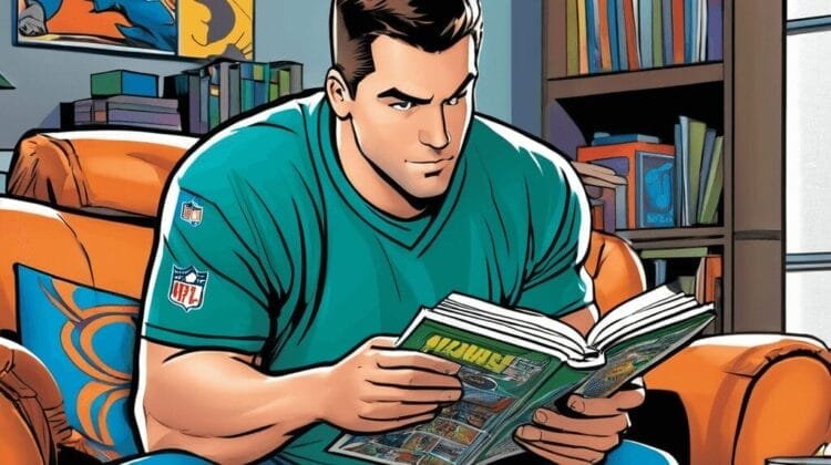 A man in a green shirt reads a comic book while sitting on an orange couch in a room filled with books, sports memorabilia, and an NFL handbook.