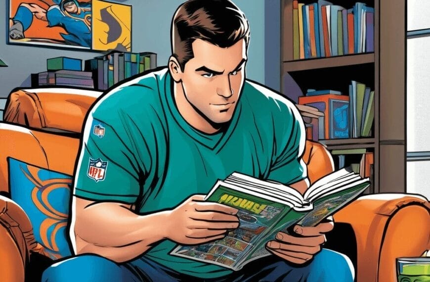 A man in a green shirt reads a comic book while sitting on an orange couch in a room filled with books, sports memorabilia, and an NFL handbook.