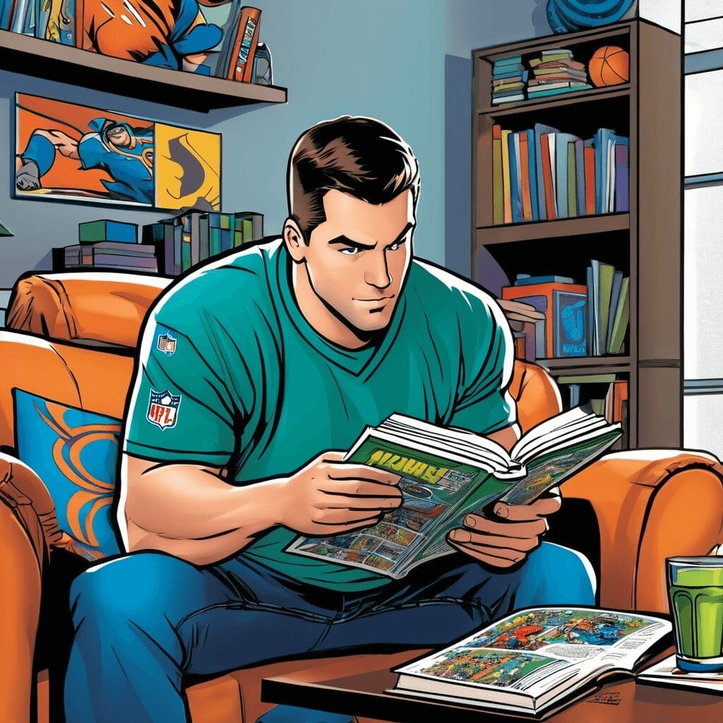 A man in a green shirt reads a comic book while sitting on an orange couch in a room filled with books, sports memorabilia, and an NFL handbook.