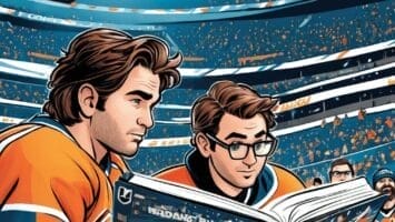 Two men in hockey jerseys sit in a stadium, engrossed in reading a large comic book that is actually an NHL handbook. The arena is filled with spectators, and a large screen displays a thrilling hockey game scene.