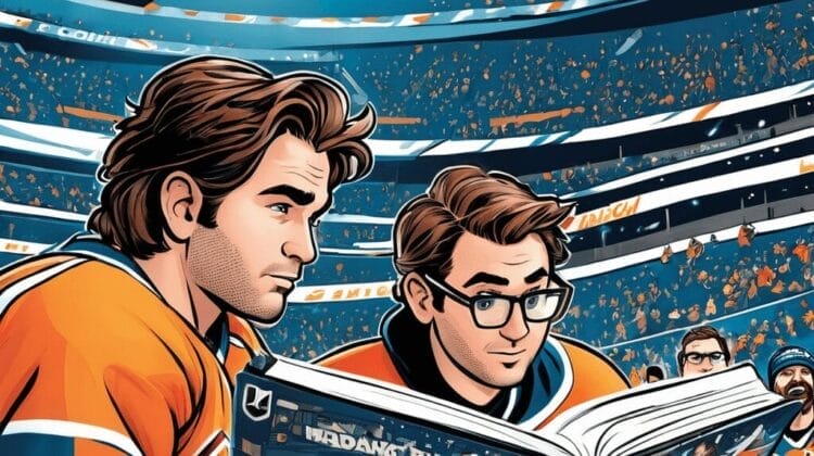 Two men in hockey jerseys sit in a stadium, engrossed in reading a large comic book that is actually an NHL handbook. The arena is filled with spectators, and a large screen displays a thrilling hockey game scene.