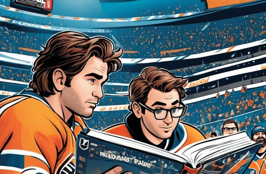 Two men in hockey jerseys sit in a stadium, engrossed in reading a large comic book that is actually an NHL handbook. The arena is filled with spectators, and a large screen displays a thrilling hockey game scene.