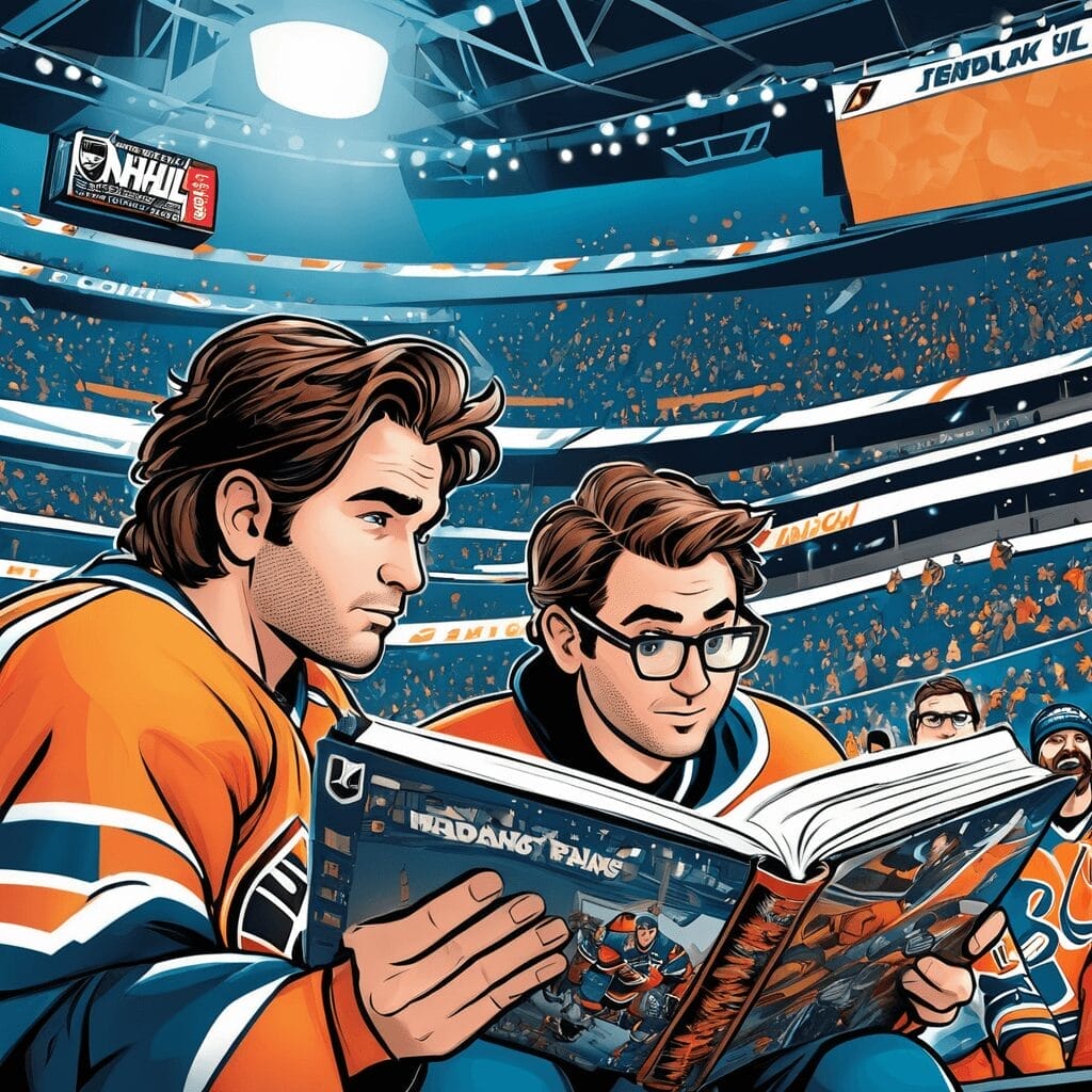 Two men in hockey jerseys sit in a stadium, engrossed in reading a large comic book that is actually an NHL handbook. The arena is filled with spectators, and a large screen displays a thrilling hockey game scene.