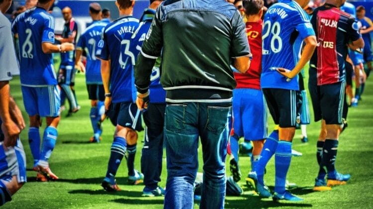 A man wearing a leather jacket and jeans walks onto a soccer field towards a group of players in blue and red jerseys, with a crowd in the background.