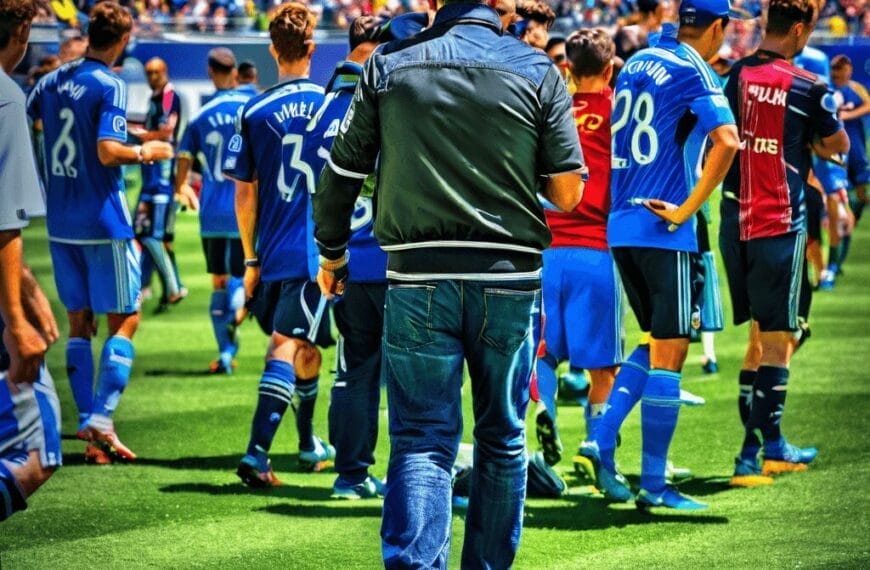 A man wearing a leather jacket and jeans walks onto a soccer field towards a group of players in blue and red jerseys, with a crowd in the background.