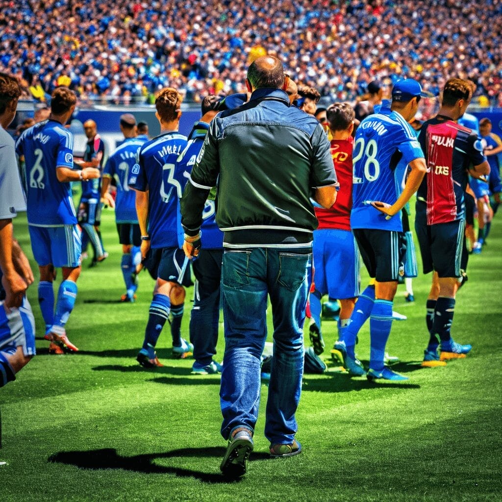 A man wearing a leather jacket and jeans walks onto a soccer field towards a group of players in blue and red jerseys, with a crowd in the background.