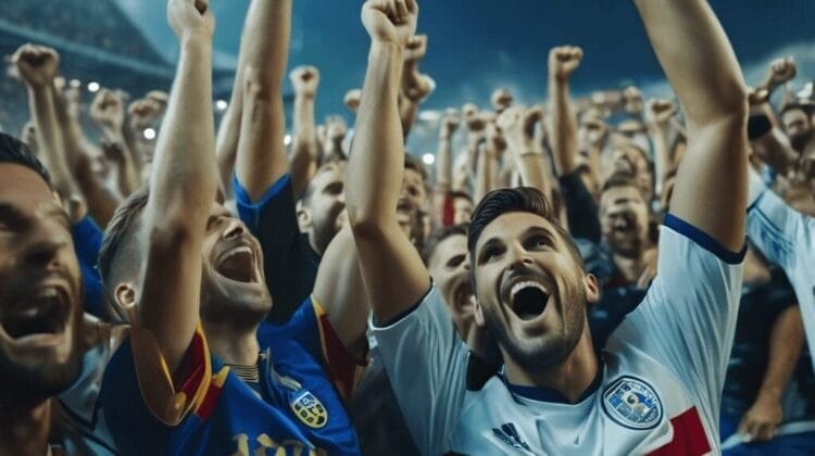 Fans wearing blue and white jerseys, resembling passionate football ultras, cheer enthusiastically in a crowded stadium during a nighttime sports event.