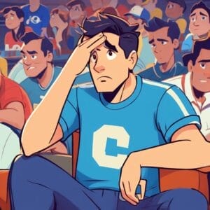 An animated character in a blue shirt with a white "C" appears concerned, holding one hand to his forehead. He sits among a crowded audience, who are also focused on an unseen event, perhaps pondering aspects of sports psychology.