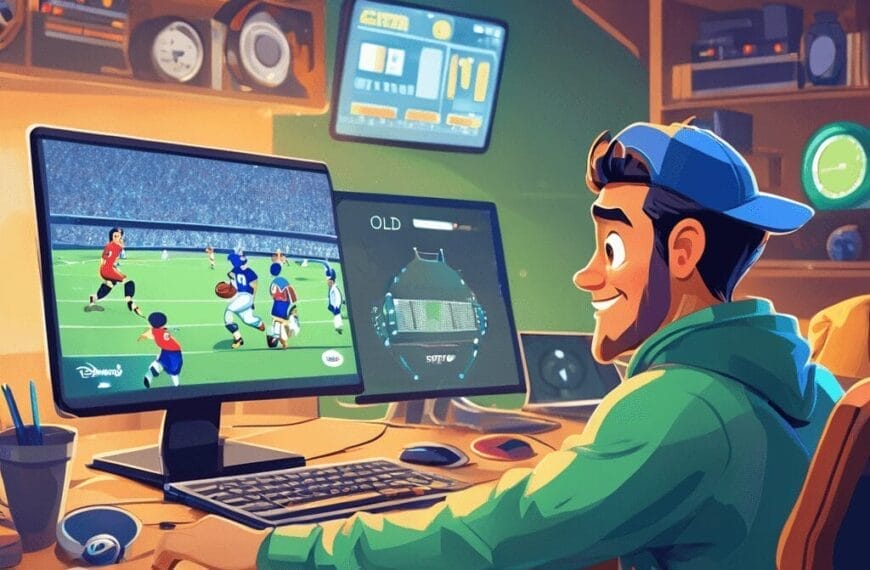 A person in a green hoodie and cap watches a soccer game on a computer screen in a cluttered, tech-filled room, highlighting the marvels of sports technology.